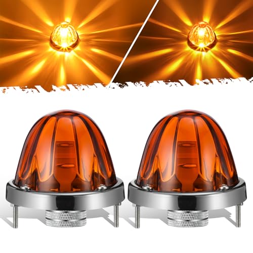 Partsam 2Pcs Amber Glass Lens Watermelon Lights [Patented] LED Side Marker Turn Signal Lights with Stainless Steel Bezel Replacement for Kenworth Peterbilt Freightliner