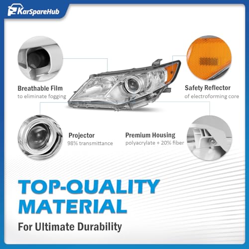 KarSpareHub Headlights for 2012 2013 2014 Toyota Camry Se/Le/Xle/Hybrid Headlamp Replacement Chrome Housing Amber Reflector Driver & Passenger Side