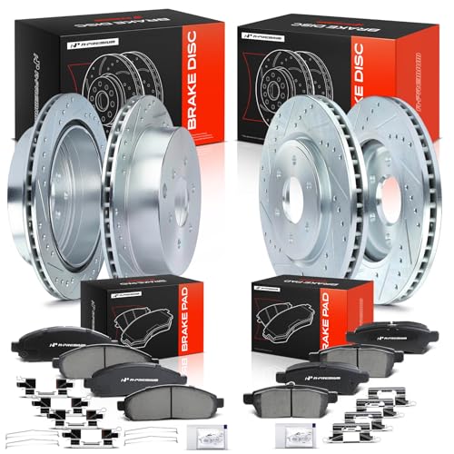 A-Premium Front & Rear Drilled and Slotted Disc Brake Rotors + Ceramic Pads Kit Compatible with Select Nissan and Suzuki Models - Frontier 2005-2019, Xterra 2005-2015, Equator 2009-2012, 12-PC Set