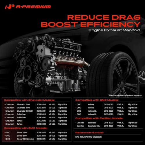 A-Premium Right [V8 5.3 6.2L] Engine Exhaust Manifold Kit W/Gaskets Compatible with Chevrolet, GMC & Cadillac - Silverado 1500 1500 LD, Tahoe, Suburban, Sierra, Yukon, Escalade, Replaces 12629338