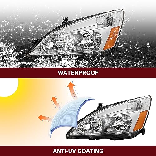 JSBOYAT Headlight Assembly Replacement for 2003-2007 Honda Accord Halogen Headlamp Chrome Housing with Amber Reflector (Driver & Passenger Side)