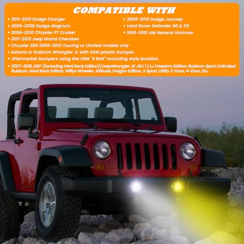 KARSAM 4 Inch Round LED Fog Lights for 2007-2018 Jeep Wrangler JK JKU 2018-2024 Jeep Wrangler JLU Accessories, 60W White Amber Off-Road Lamps Black Front Bumper LED Fog Lights Assembly, DOT Approved