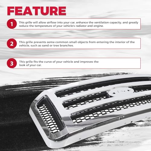 HECASA Front Grille Compatible with 2005-2007 Ford F250 F350 F450 F550 SuperDuty FO1200456 5C3Z8200BAA Upper Bumper Hood Grill W/Gray Honey Comb Chrome