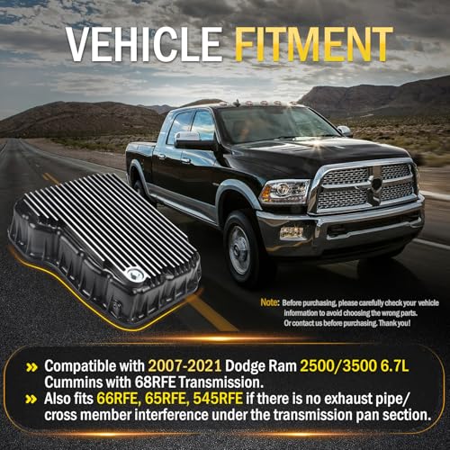 228052110 Heavy Duty Transmission Pan Compatible with Dodge Ram 2500 3500 6.7L Cummins 68RFE, Cast Aluminum Oil Pan with 3 Quart Extra Capacity & Neodymium Magnetic Drain Plug, Brushed Finish