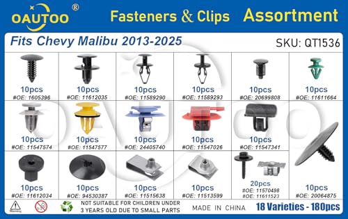 OAUTOO 180pcs fits Chevy Malibu 2013-2025 Auto Body Interior and Exterior Retainer Fastener Clip Assortment