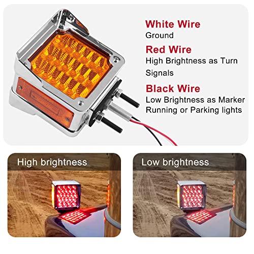 2Pcs Double Face Square LED Fender Pedestal Turn Signal Lights Amber/Red 39 LED w/Chrome Visor Square Truck Trailer Fender Stop Tail Turn Signal Lights w/Side Reflex Marker Driver and Passenger Side