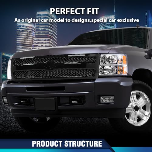 PIT66 Front Grille Fit Chevy Silverado 1500 2007-2013, Textured Black Grill