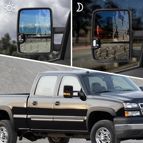HF autoparts Towing Mirrors Compatible with 2003-2007 Chevy Silverado, GMC Sierra Tow Mirrors, Pair Power Heated with Turn Signal Light Backup Lamp Extendable Pair Set
