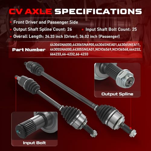 NCV36568 NCV36569 Front CV Axle Shafts Assembly Fit for 2006-2015 Honda Civic L4 1.8L, 06 07 08 09 10 11 12 13 14 15, Automatic Transmission, Front Driver and Passenger Side, 664232 664233