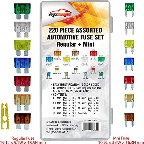 EPAuto 220pc Automotive Assorted Blade Fuse Set - Standard & Mini Fuse Kit
