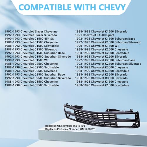 Perfit Liner Front Black Grille Grill Compatible with 1988-1993 Chevrolet C10 C/K 1500 2500 3500 Pickup Truck Blazer SUV Fits Early Design GM1200228 15615108