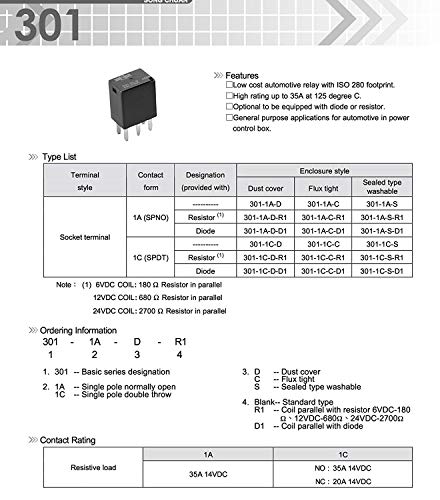 Automotive Purpose Relays 301-1C-C-R1-U01-12VDC 5 PIN (4Pack)