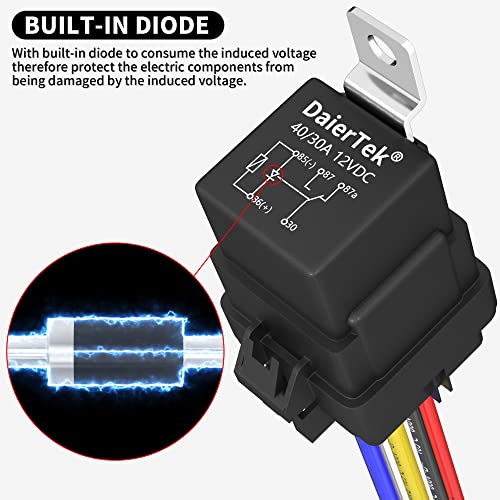 DaierTek 8 Pack 12V Relay with Built-in Diode & 12 AWG Harness Socket 30A/40A Heavy Duty SPDT 5 Pin Relay Waterproof for Car Marine Boat