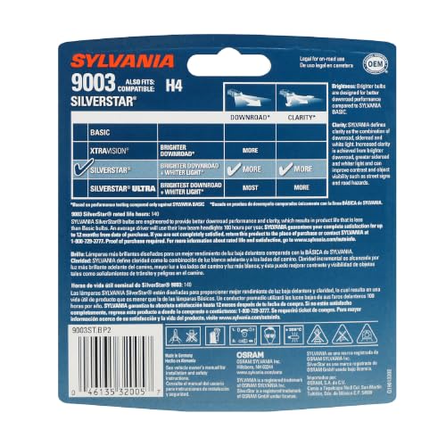 SYLVANIA - 9003 SilverStar - High Performance Halogen Headlight Bulb, High Beam, Low Beam and Fog Replacement Bulb, Brighter Down Road with Whiter Light (Contains 2 Bulbs)