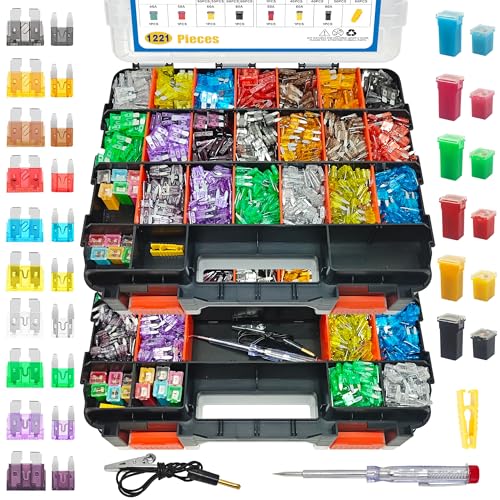 1221PCS Car Fuse Assortment Kit Mini &Standard Blade Tall/STD Profile Box Shaped Automotive Fuses with Fuse Puller and Circuit Tester, for Cars Trucks SUVs Boats, Double Sided Organizer