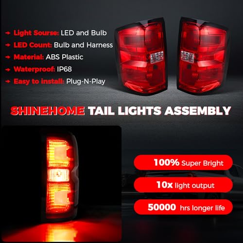 SHINEHOME Tail Light Assembly Compatible with 2016-2019 Chevy Silverado 1500 2500HD 3500HD GMC Sierra 3500HD Left Driver Side Right Passenger Side Taillight Brake Lamp Bulb and Harness