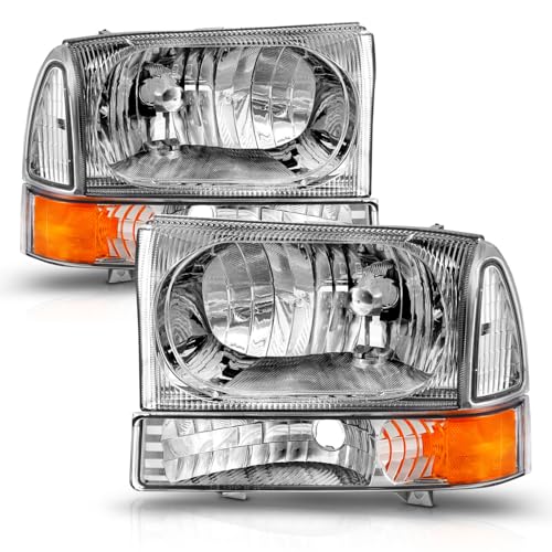 AmeriLite for 1999-2004 Ford Super Duty F250 F350 F450 F550 | Excursion Chrome Factory Style Replacement Headlights w/Corner Bumper Corner Set - Passenger and Driver Side