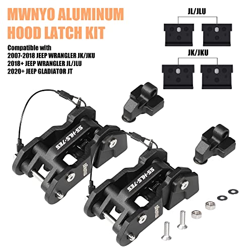 MWNYO Hood Latches Aluminum Hood Catch Replacement for Jeep Wrangler JK/JKU 2007-2017, JL/JLU 2018+ & Jeep Gladiator 2020+ with Painted, Patented Design (Black,1 Pair)