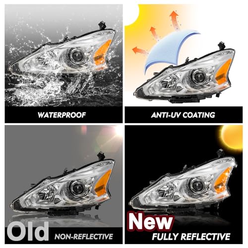 TUSDAR Upgraded Lens Headlights Assembly Fit for 2013-2015 Nissan Altima Halogen Headlamps Replacement Chrome Housing with Amber Reflector