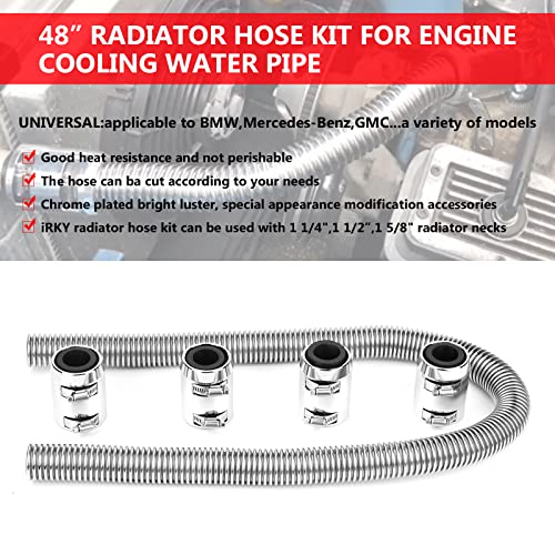 iRKY 48" Flexible Radiator Hose Stainless Steel Universal Water Hoses Adapter Coolant Radiator Hose Kit With 4Pcs Chrome Caps (8 Clamps, Silver)