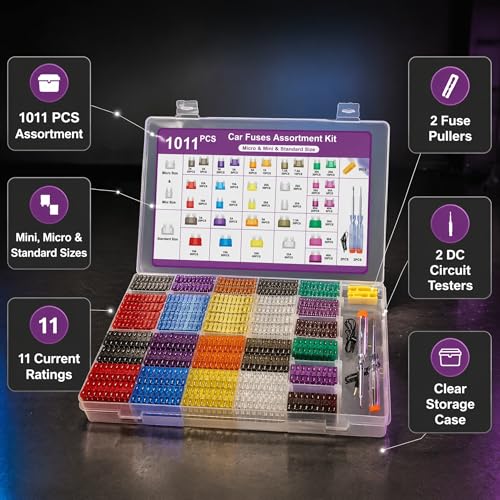 Nayoto 1011-Piece Universal Zinc Flake Car Fuse Set - 410 Standard, 410 Mini & 185 Micro Fuses (2A-40A), with 2 Removal Tools, 2 Testers & 2 Clips - Compatible with Cars, Trucks, RVs, Boats etc.