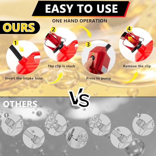 Portable Fuel Transfer Pump with Auto-Stop & Hand Nozzle, 80'' Pumping lift,fit different gas barrel sizes and depths, no adapters needed,3.8GPM, mulitiple power supply,for Gasoline, Diesel, Kerosene