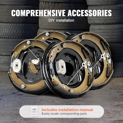 VEVOR Electric Trailer Brake Assembly, 12" x 2", 2 Pairs Self-Adjusting Electric Brakes Kit for 7000 lbs Axle, 5-Hole Mounting, Backing Plates for Braking System Part Replacement (2 Right + 2 Left)