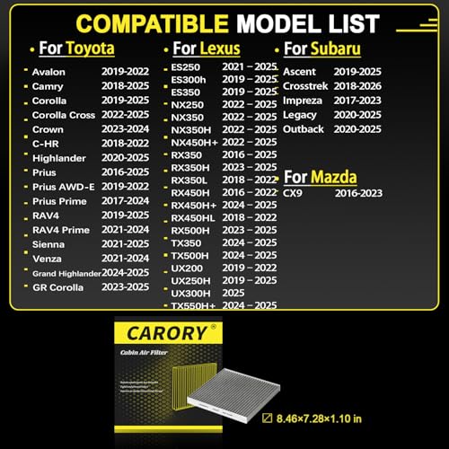 CARORY Cabin Air Filter w/Activated Carbon for Toyota Camry, Corolla, RAV4, Prius, Highlander, Sienna, Venza, Crown, Lexus ES350, ES300h, NX250, RX350, RX450, Subaru Outback, Mazda CX9 and More, CF157