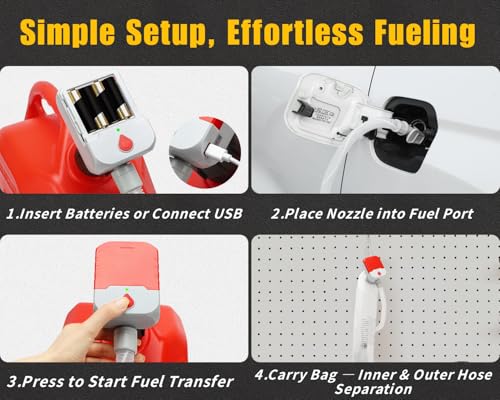 Fuel Transfer Pump with Auto-Stop, 3.8 GPM Battery or USB Powered Cordless Gas Pump, Portable Electric Pump for Gas Can with 51" Hose & 4 Adapters for Gasoline, Diesel, Oil–Spill-Free Refueling