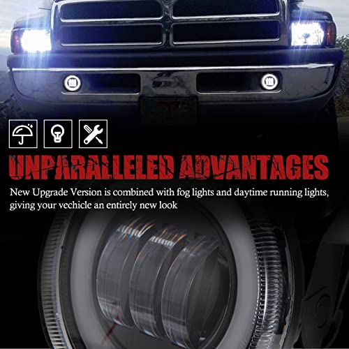 BUNKER INDUST Dodge Ram LED Fog Lights with Daytime Running Lights Set,1 Pair Clear Lens Fog Lamps Replacement for 1994 1995 1996 1997 1998 1999 2000 2001 2002 Dodge Ram 1500 2500 3500