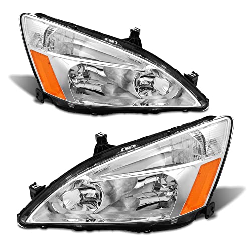 ADCARLIGHTS 2003 2004 2005 2006 2007 Accord Headlight Assembly for 2003-2007 Honda Accord 2/4dr Clear Lens Chrome Housing with Amber Reflector Headlamp Replacement Left and Right Pair（W/O Bulbs）