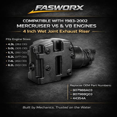 FASWORX Exhaust Manifold & Riser Kit for MerCruiser 5.0L (305), 5.7L (355), 6.2L (377) V8 Engines (Years 1983 - Early 2002) | Wet Joint 4” Center-Rise Elbow | Replaces 860246A15, 807988A03, 18-1953-2