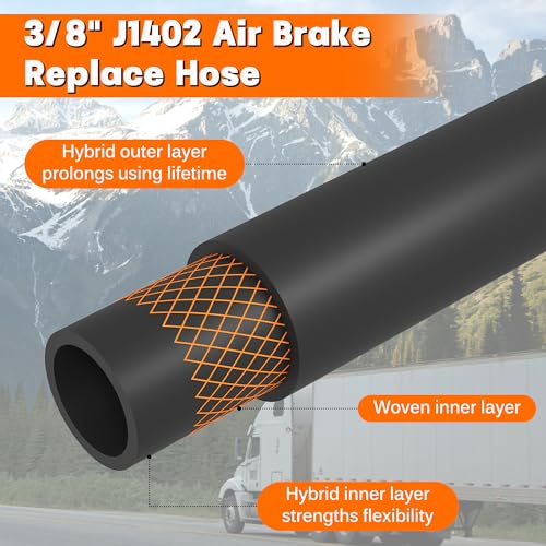 50FT 3/8"ID - 3/4” OD Air Brake Rubber Hose, Dazakoot S.A.E. J1402 and D.O.T.F.M.V.S.S. 106 Approved Replacement Hose for Semi Truck Trailer Tractor