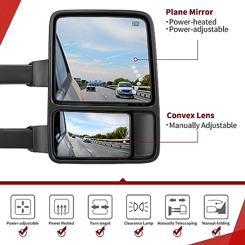 YITAMOTOR Towing Mirrors Compatible with 1999-2007 Ford F250 F350 F450 F550 Super Duty, 2001-2005 Excursion with LED Arrow Signal Light Smoke Power Heated Telescoping Rear LED Turn Signal