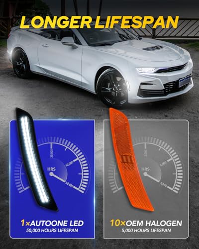 AUTOONE LED Side Marker Lights White Compatible With Chevrolet Camaro 2016-2023, Front & Rear Fender Side Markers, Smoked Lens Driver & Passenger Side Bumper Lights, Pack of 4