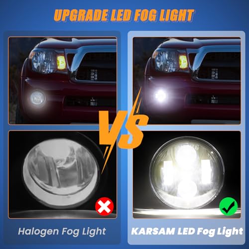 KARSAM Round LED Fog Lights for 2005-2011 Toyota Tacoma, 2007-2013 Tundra, 2004-2006 Solara, 2008-2015 Sequoia Accessories, Front Bumper Driving Fog lamp Plug and Play DOT Approved Fog Light Assembly