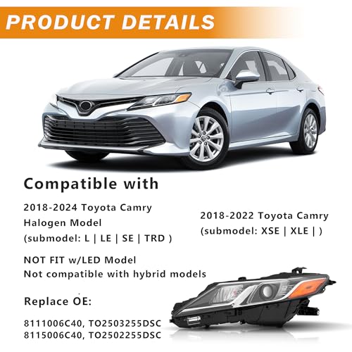 Projector Headlights Assembly Compatible with 2018-2024 Toyota Camry L LE SE