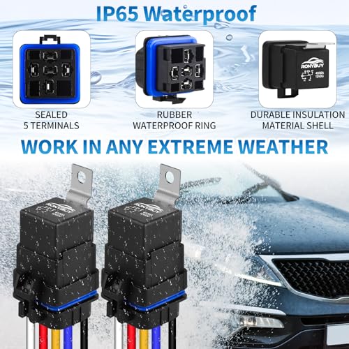 Ronybuy 5-Pin Waterproof Relay Kit 40/30 AMP 12V Relay Switch with Harness Heavy Duty 12&16 AWG Tinned Copper Wires, SPDT Automotive Relay Kit for Horns Starters Radiator Motor Fans, Pack of 5