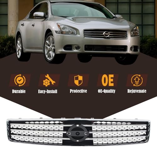 CarPartsDepot Grille Comaptible With Nissan Maxima 2009-2014 Chrome Shell Black Insert Mesh Upper Grill NI1200231 620709N00A