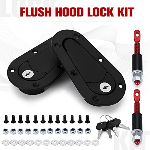 Hypertune Universal Racing Car Flush Hood Latch & Pin Kit - Engine Bonnet Lock Kit - Flush Mounted Hood Pins - Black
