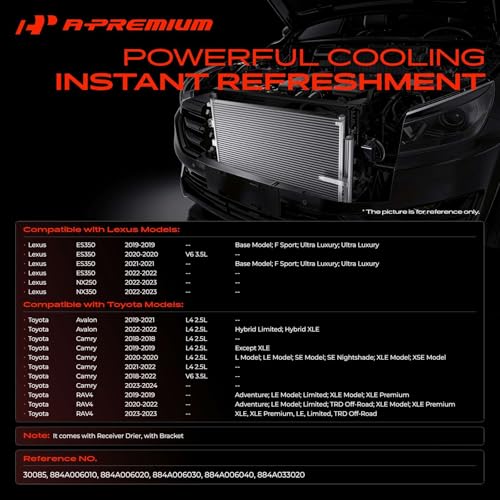 A-Premium Air Conditioning A/C Condenser Compatible with Toyota 2018-2024 Camry, 2019-2023 RAV4, 2019-2022 Avalon & Lexus ES350 2019-2022, NX250 2022-2023