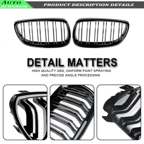 BLWGROW Front Kidney Grille Glossy Black Compatible with 2006-2009 3 Series E92 & E93 Double Slats Grill Gloss Black