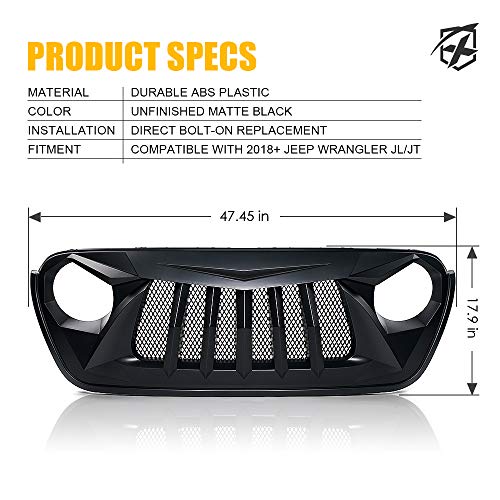 Xprite Matte Black Front Grille Grid Grill w/Mesh Compatible with 2018-2021 Jeep Wrangler JL JT - Black Widow Series