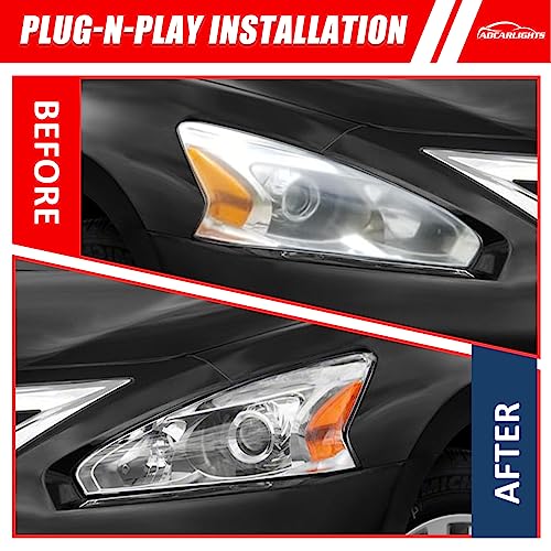 ADCARLIGHTS 2013 2014 2015 Nissan Altima Headlight Assembly Only fit 4Door Clear Lens Chrome Housing with Amber Reflector Headlamp Replacement Left and Right Pair(Does Not Fit Xenon/HID)（W/O Bulbs）