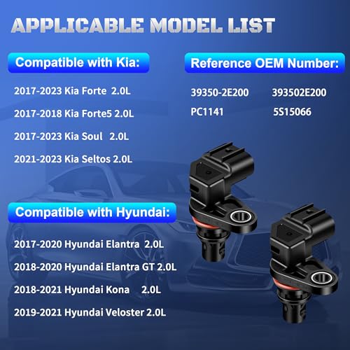 Engine Cam Camshaft Position Sensor 39350-2E200 393502E200 Compatible with 2017 2018 2019 2020 2021 Hyundai Elantra/Elantra GT/Kona & Kia Forte Soul Forte5 Seltos 2.0L, Set of 2