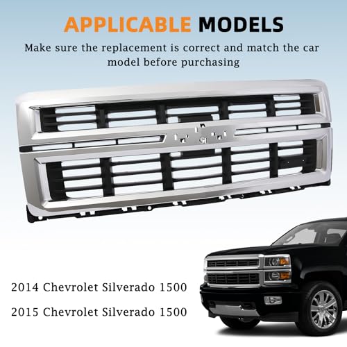 KARPAL Front Upper Grille Assembly W/Chrome Surround Frame Compatible with 2014 2015 Chevrolet Silverado 1500, Replacement 23259621 GM1200714