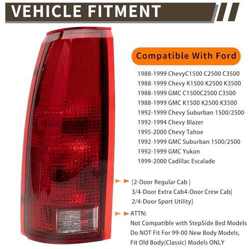Tail Light Assembly Compatible With Chevy GMC C/K Truck 1988-1998, 1995-2000 Tahoe, 1992-2000 Yukon, 1992-1999 Suburban, 1992-1994 Blazer, w/Circuit Board, Driver and Passenger Side Rear Brake Lamps