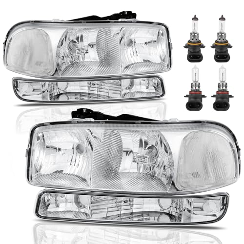 KUIPERAUTO Headlight Assembly Front Lamp Compatible with 1999-2006 GMC Sierra 1500 2500, 2000-2006 GMC Yukon Headlamp w/Bulb Chrome Housing/Clear Lens/Clear Corner