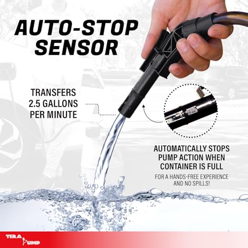 TERA PUMP TRFA01-XL 2nd Gen. Battery Powered Overfill Protection Fuel Transfer Pump w/Universal Gas Can & Utility Jug Adapter, 4.27ft Vinyl Hose, 2.5 GPM for Gas Diesel E15 E85 Fuels