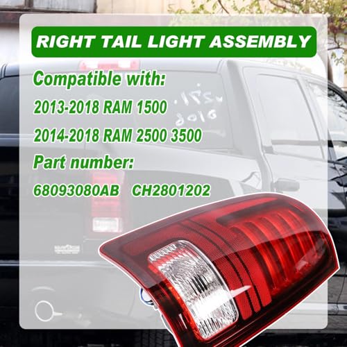 Lochnchn LED Tail Light Compatible with 2013-2018 Ram 1500 2014-2018 Ram 2500/3500 Rear Taillight with Blub Brake Lamp Assembly Red Lens Right Passenger Side Replace 68093080AB